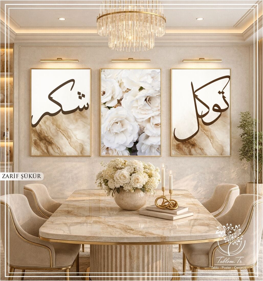 Dijital Baskılı Metal Çerçeveli Camlı Üçlü Dekoratif Tablo - Zarif Şükür