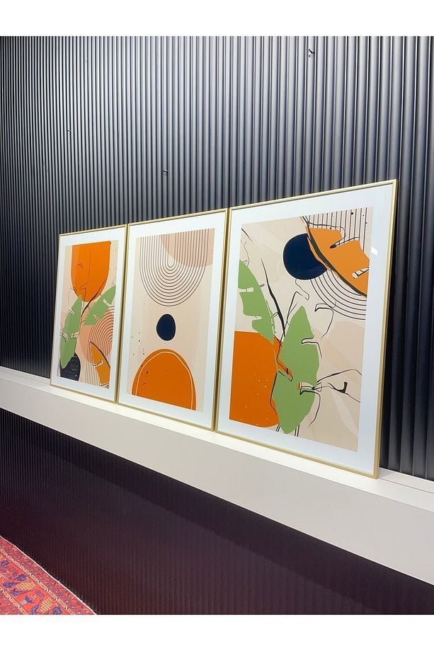 Metal Çerçeveli Camlı Palemon 3'LÜ Minimalist Soyut Tablo Seti