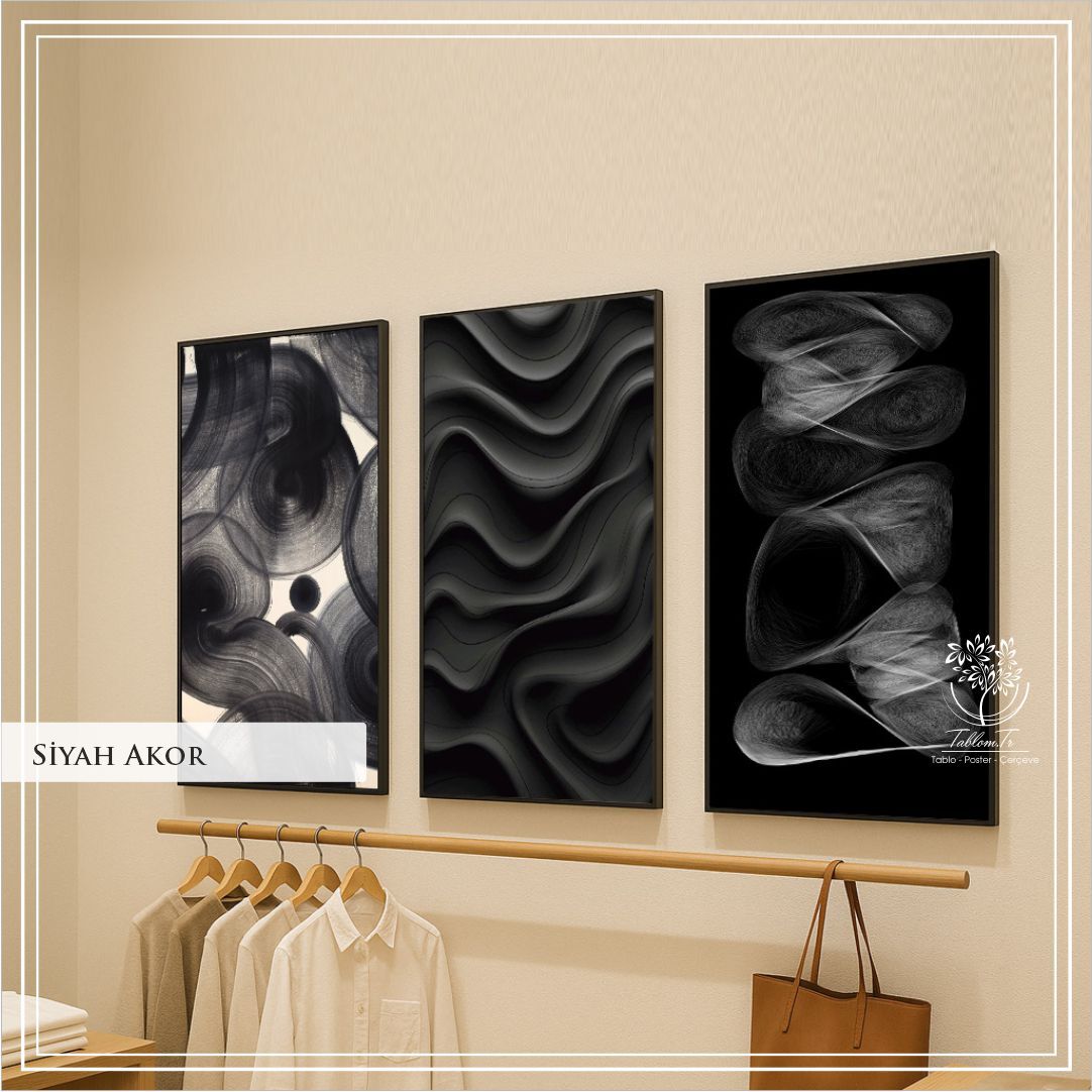 Dijital Baskılı Metal Çerçeveli Camlı 3'lü Dekoratif Tablo - Siyah Akor