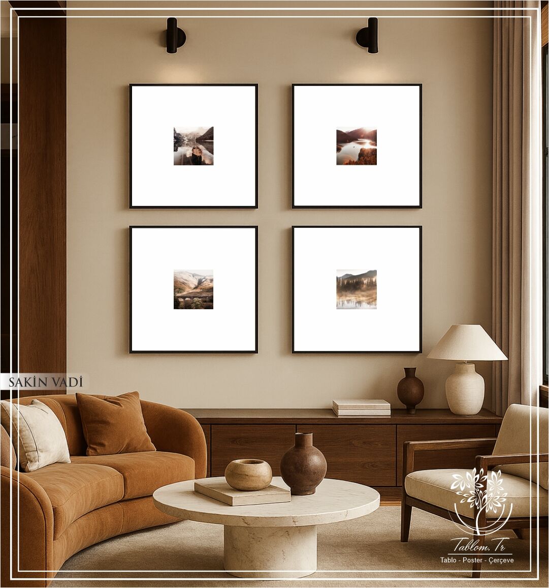 Metal Çerçeveli Camlı 4'lü Dekoratif Tablo Seti - Sakin Vadi