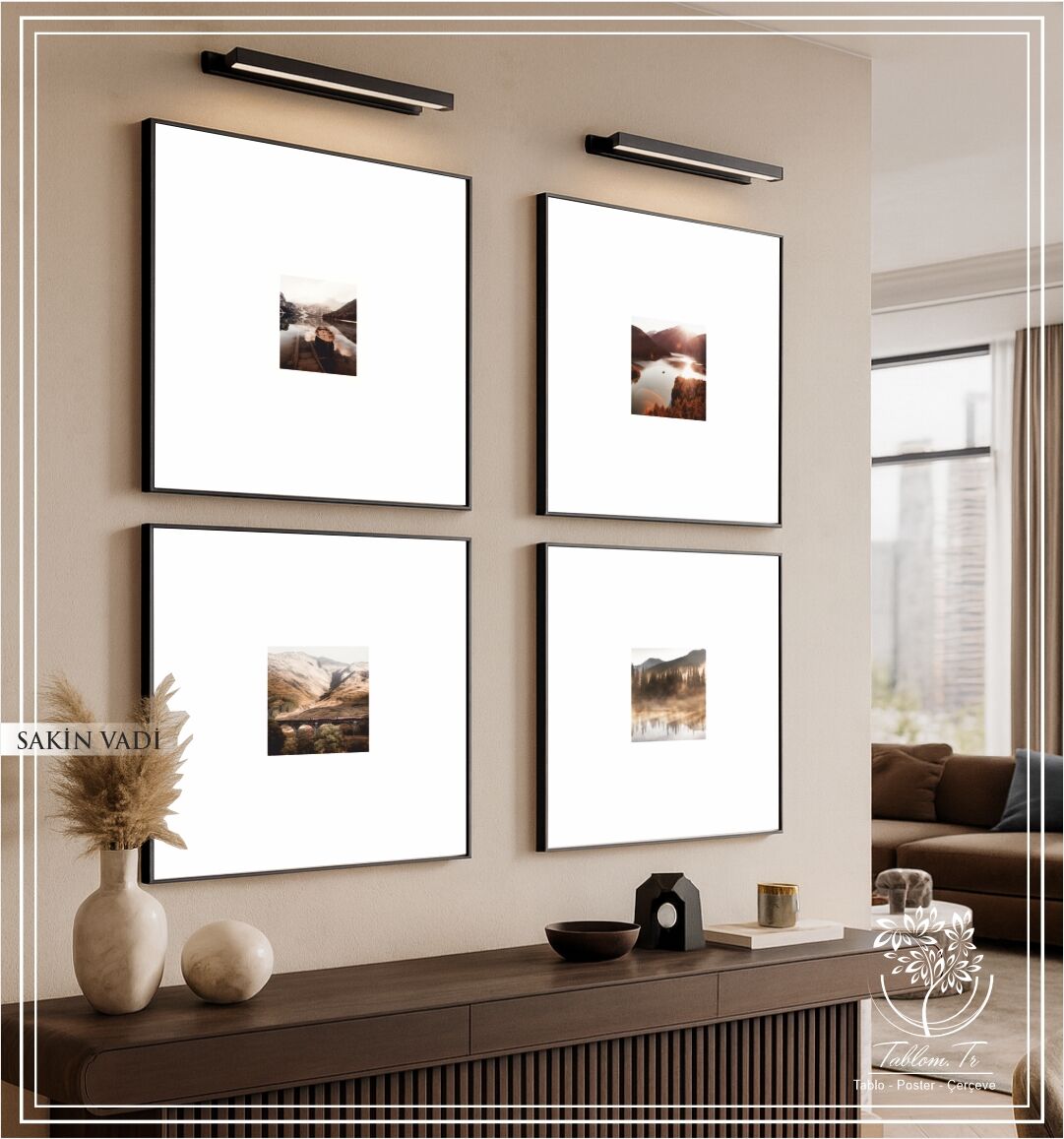 Metal Çerçeveli Camlı 4'lü Dekoratif Tablo Seti - Sakin Vadi