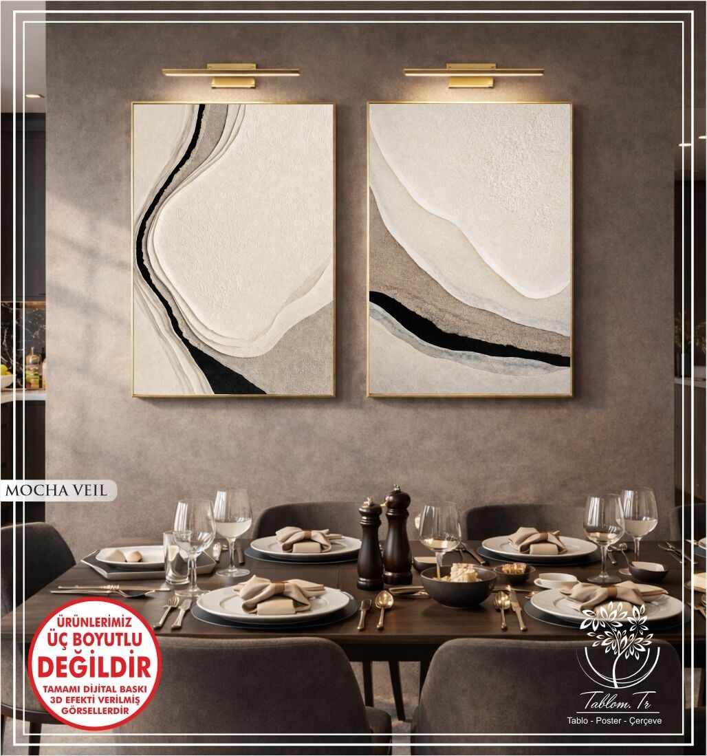 Dijital Baskılı Metal Çerçeveli Camlı İkili Dekoratif Tablo - Mocha Veil