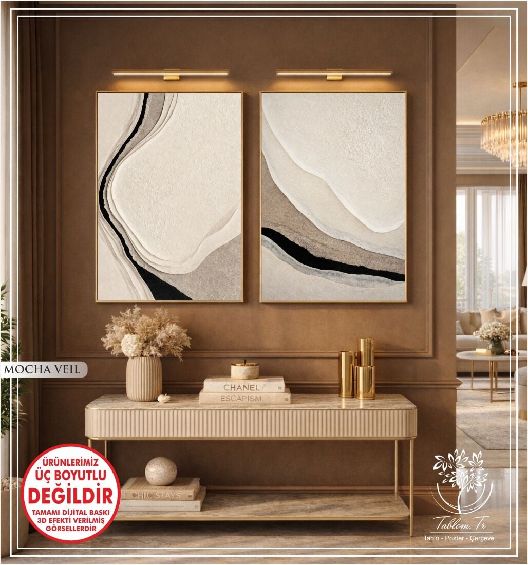 Dijital Baskılı Metal Çerçeveli Camlı İkili Dekoratif Tablo - Mocha Veil