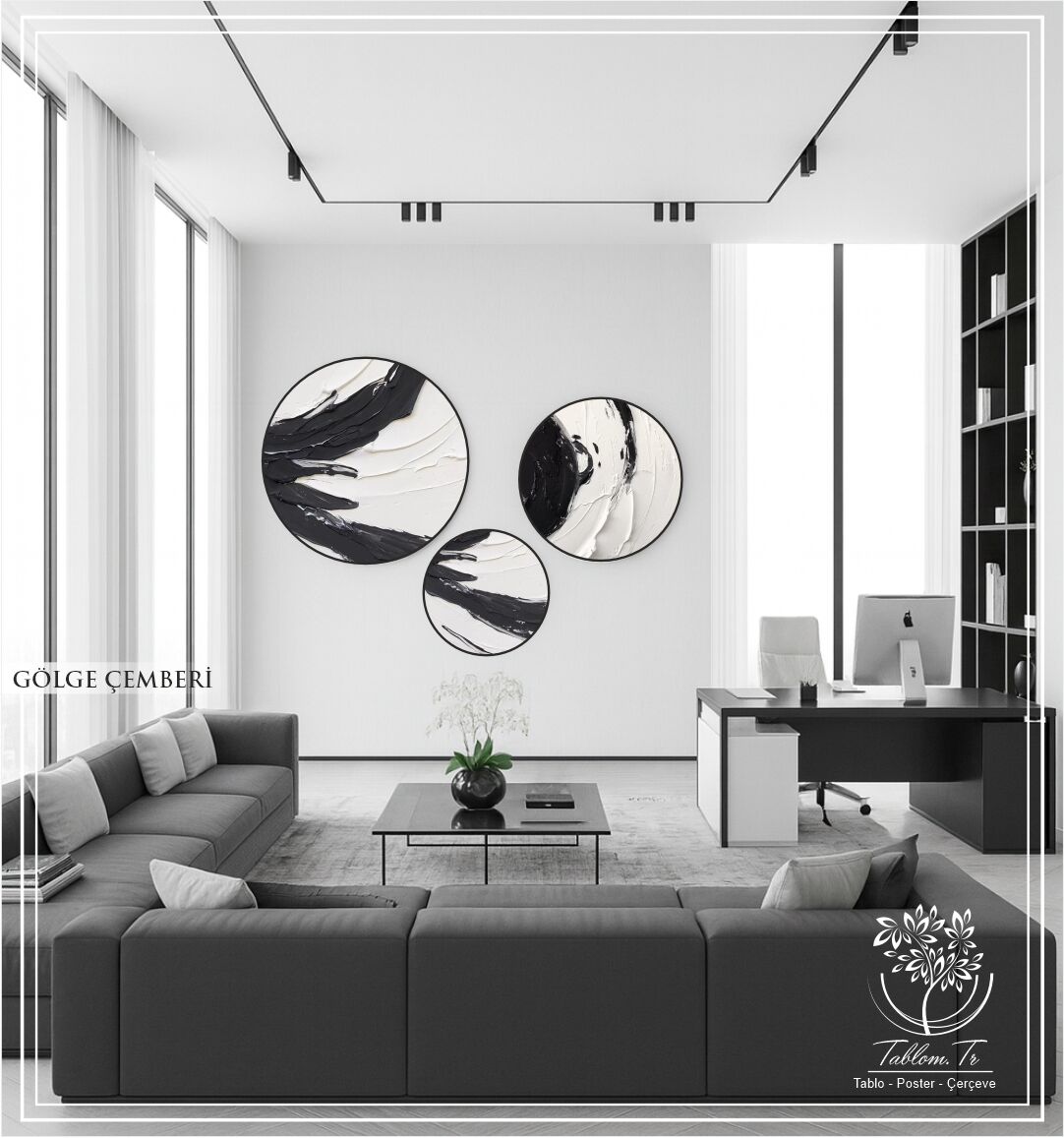 Dijital Baskılı Metal Çerçeveli Gercek Camlı Yuvarlak 3'lü Tablo - Gölge Çemberi