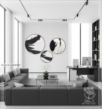 Dijital Baskılı Metal Çerçeveli Gercek Camlı Yuvarlak 3'lü Tablo - Gölge Çemberi