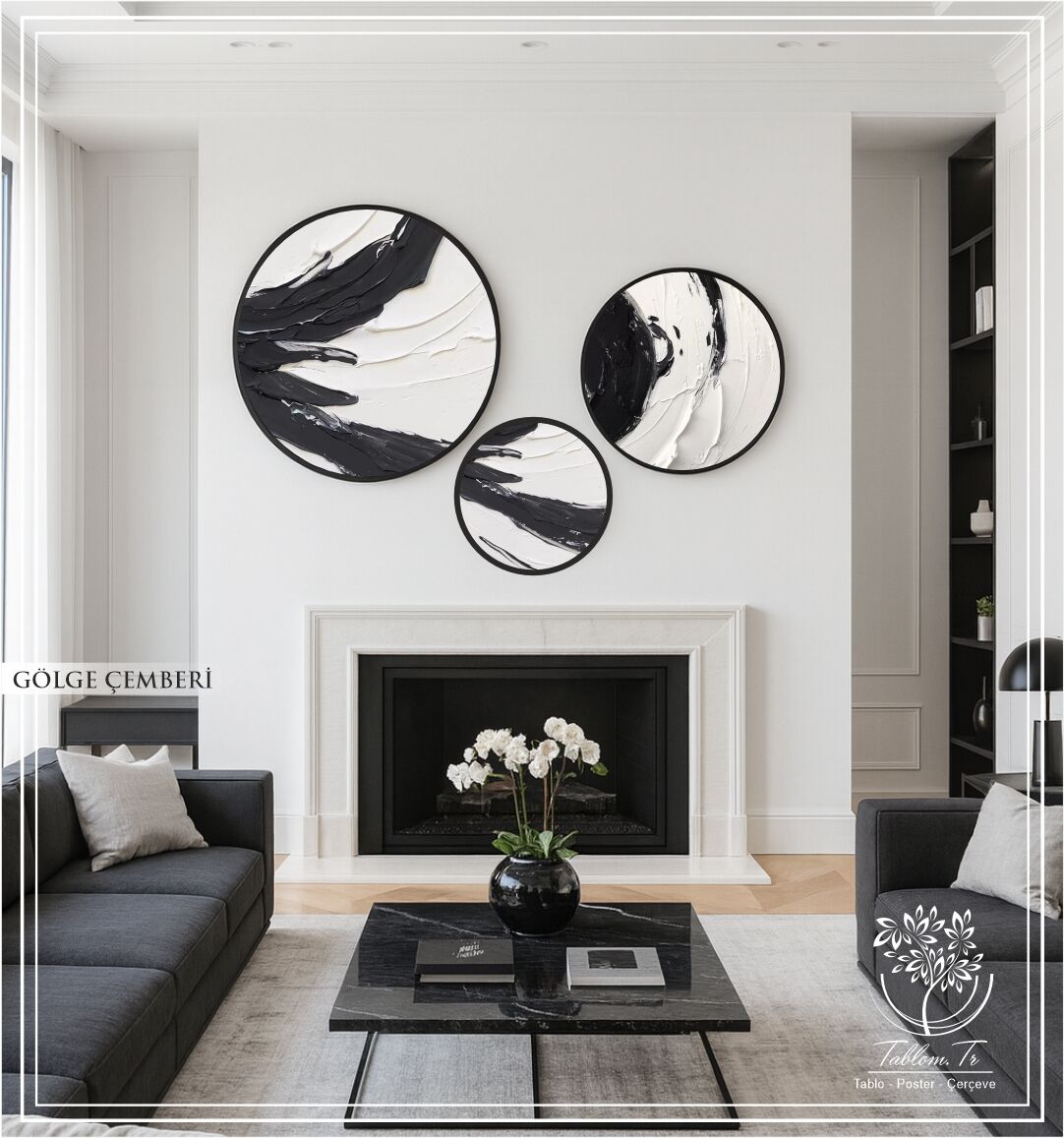 Dijital Baskılı Metal Çerçeveli Gercek Camlı Yuvarlak 3'lü Tablo - Gölge Çemberi