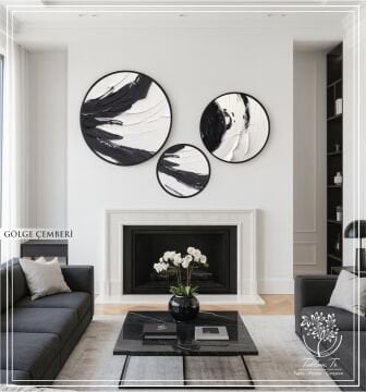 Dijital Baskılı Metal Çerçeveli Gercek Camlı Yuvarlak 3'lü Tablo - Gölge Çemberi