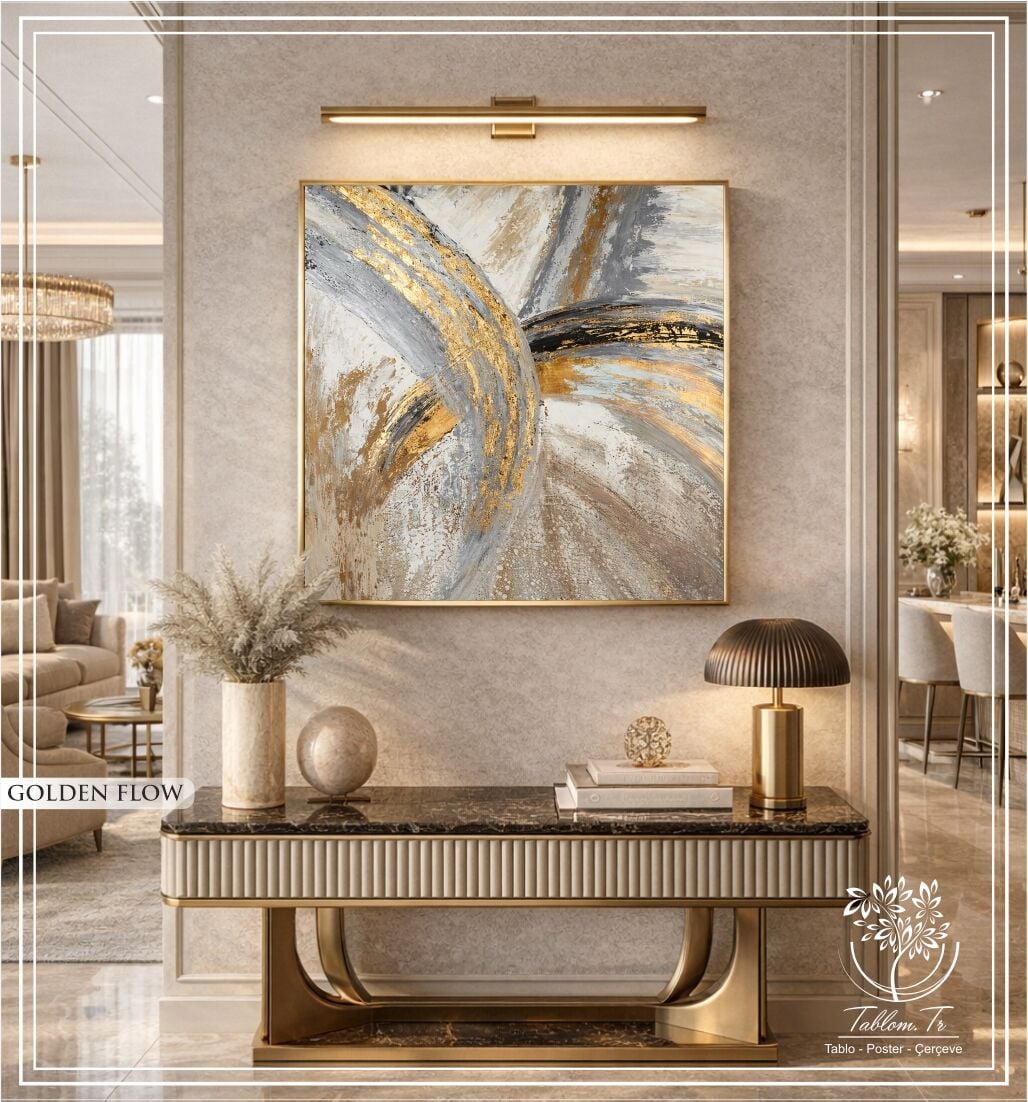 Metal Çerçeveli Gercek Camlı tekli Tablo - Golden flow