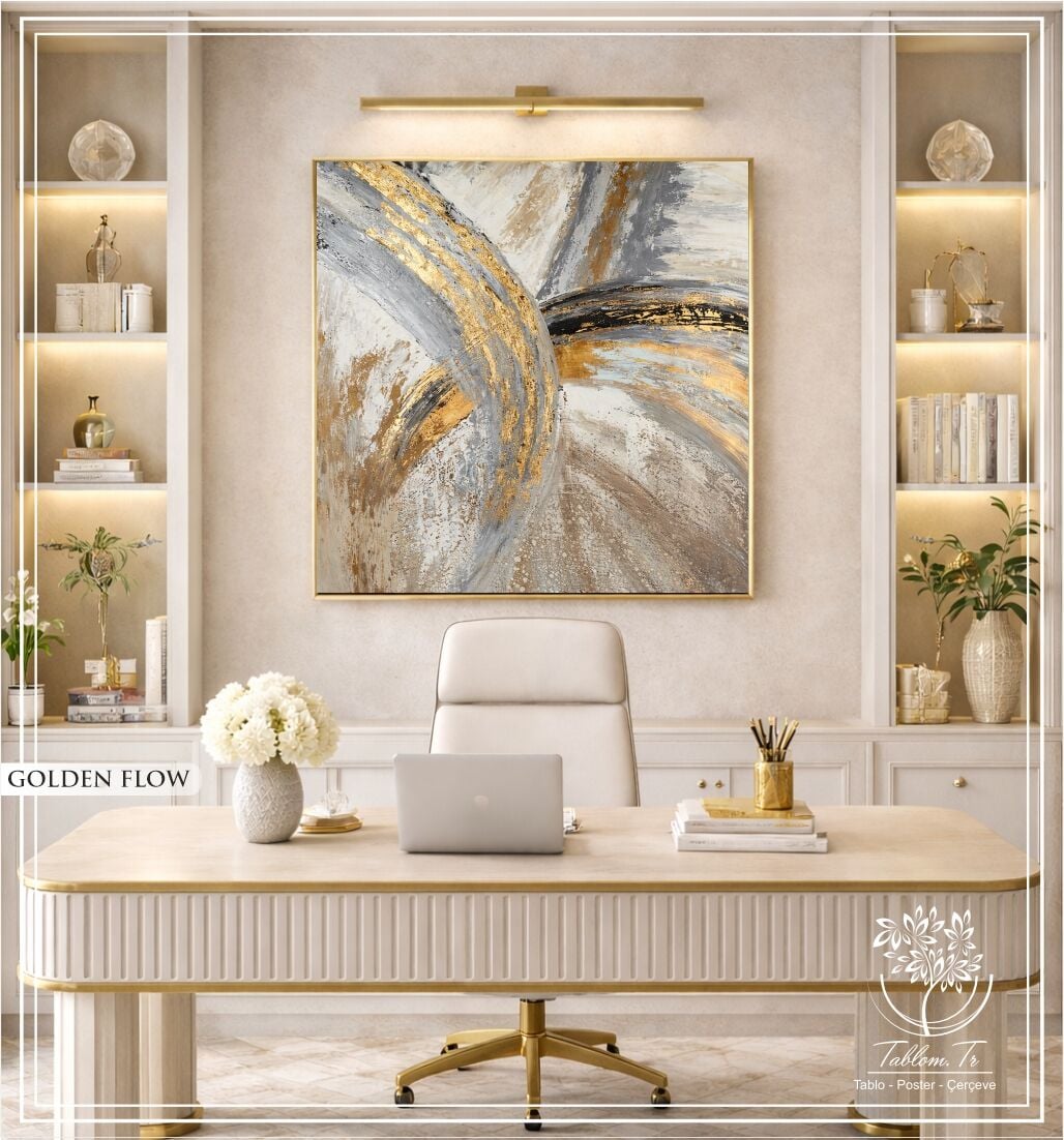 Metal Çerçeveli Gercek Camlı tekli Tablo - Golden flow