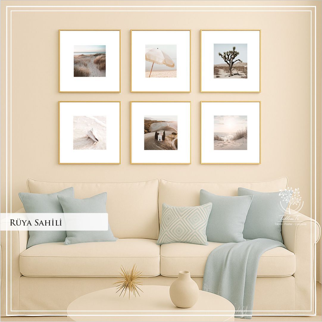 Metal Çerçeveli Camlı 6'Li Dekoratif Tablo Seti - Rüya Sahili