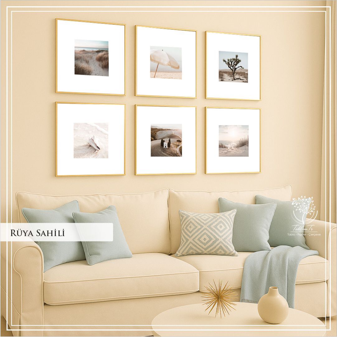 Metal Çerçeveli Camlı 6'Li Dekoratif Tablo Seti - Rüya Sahili