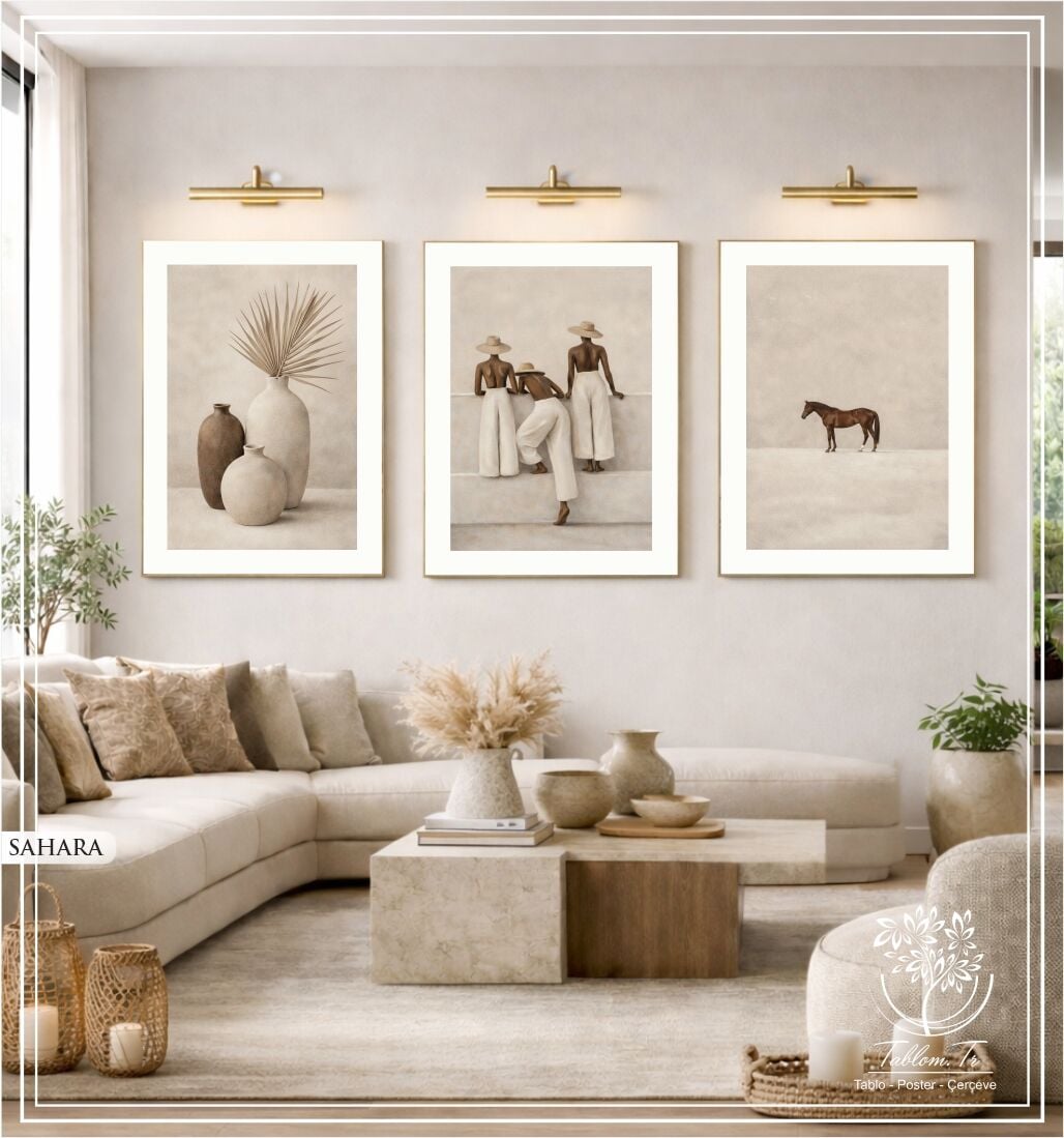 Dijital Baskılı Metal Çerçeveli Camlı Üçlü Dekoratif Tablo - Sahara