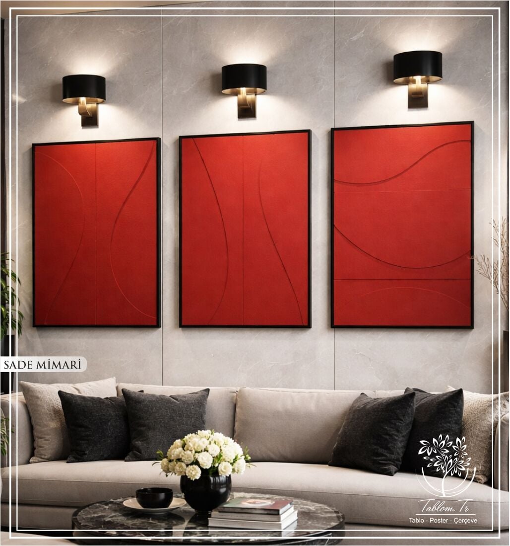 Metal Çerçeveli 3 Boyutlu Dokulu Üçlü Tablo - Sade Mimari