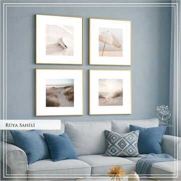 Metal Çerçeveli Camlı 4'lü Dekoratif Tablo Seti - Rüya Sahili