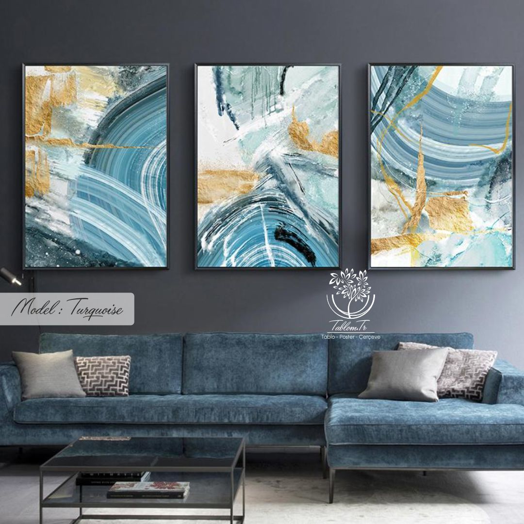 Turquoise Üçlü Tablo Beyaz - 40x50 CM