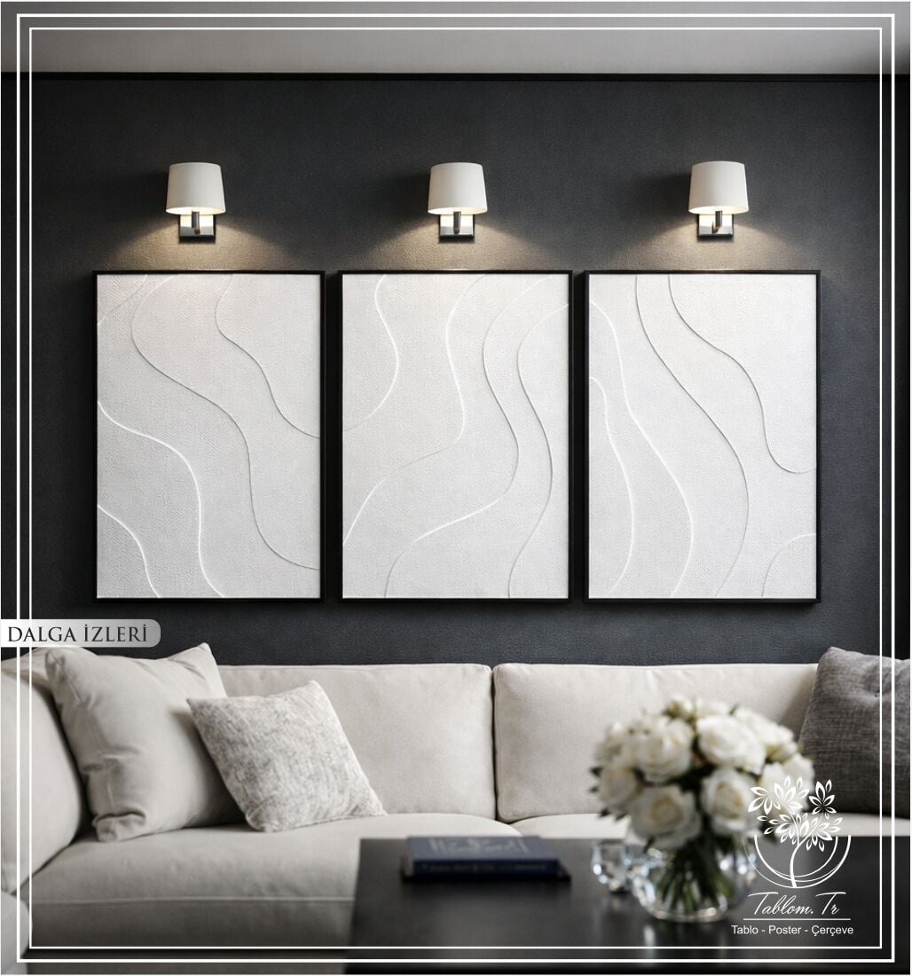 Metal Çerçeveli 3 Boyutlu Dokulu Üçlü Tablo - Dalga İzleri