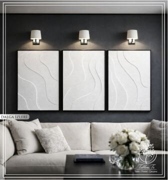 Metal Çerçeveli 3 Boyutlu Dokulu Üçlü Tablo - Dalga İzleri