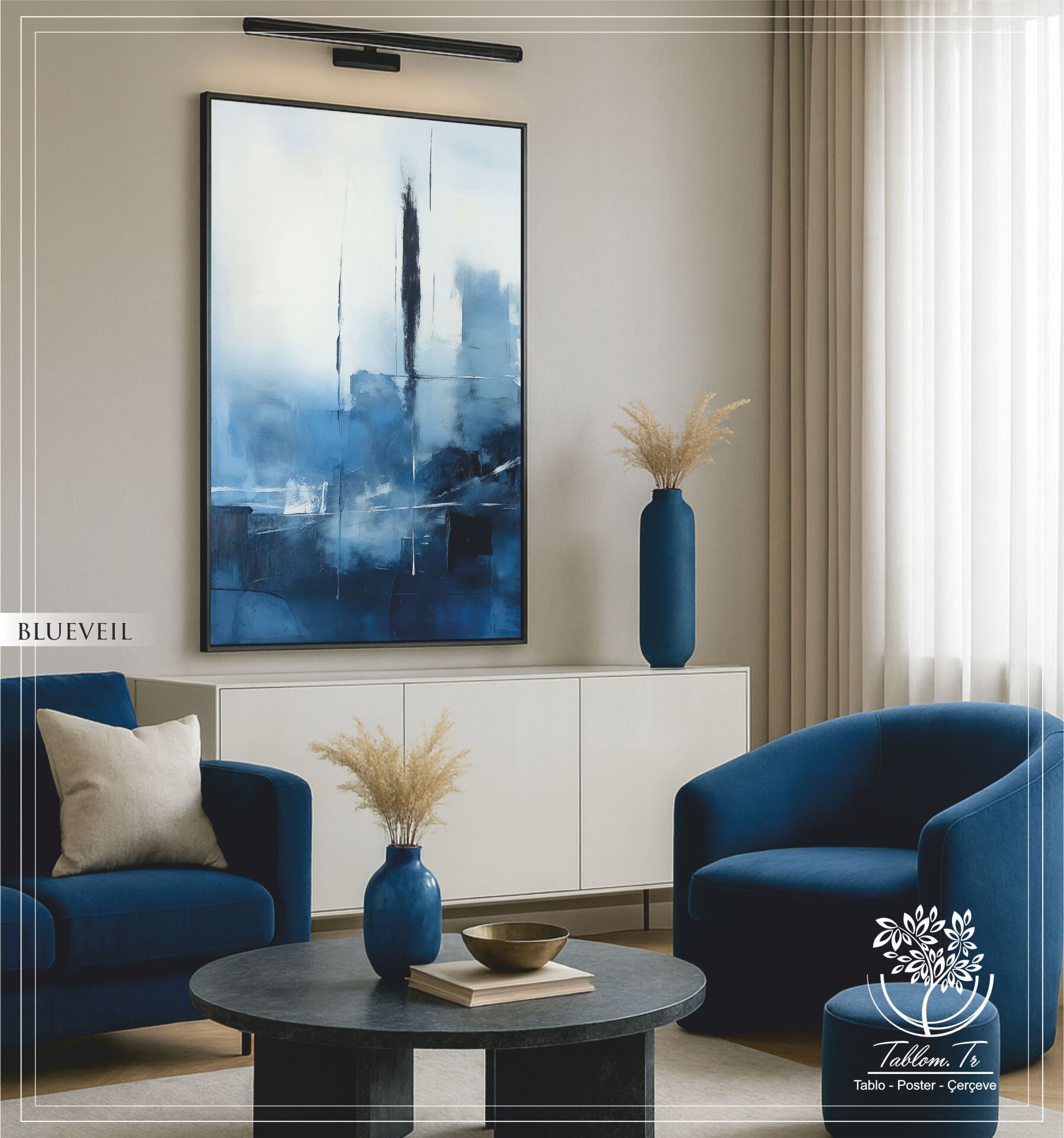 Dijital Baskılı Metal Çerçeveli Camlı Tekli Tablo - Blueveil