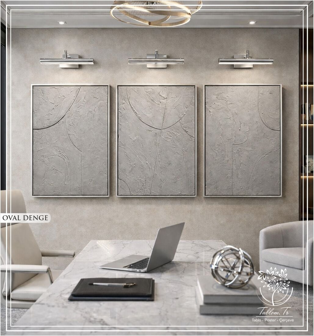 Metal Çerçeveli 3 Boyutlu Dokulu Üçlü Tablo - Oval Denge