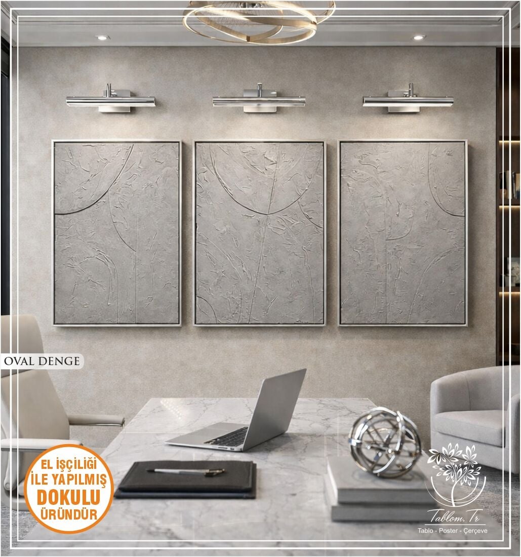 Metal Çerçeveli 3 Boyutlu Dokulu Üçlü Tablo - Oval Denge