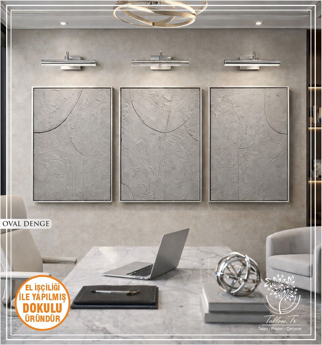 Metal Çerçeveli 3 Boyutlu Dokulu Üçlü Tablo - Oval Denge
