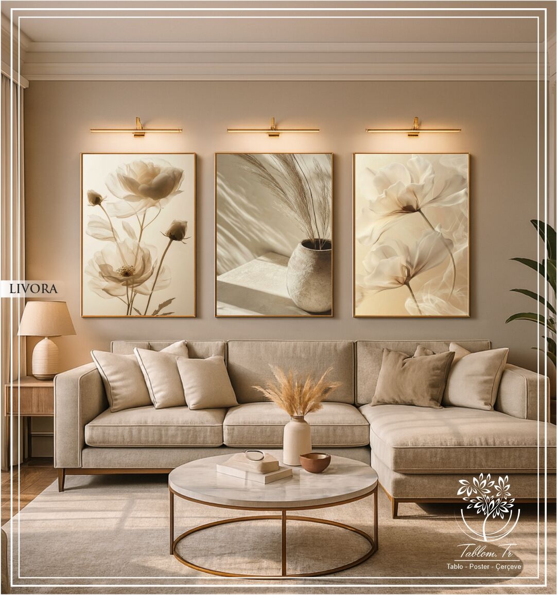 Dijital Baskılı Metal Çerçeveli Camlı Üçlü Dekoratif Tablo - Livora