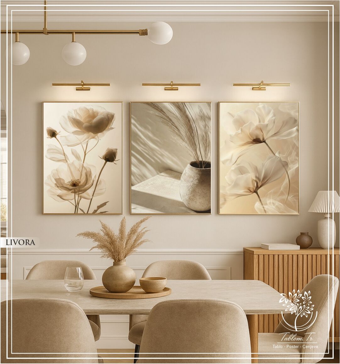 Dijital Baskılı Metal Çerçeveli Camlı Üçlü Dekoratif Tablo - Livora