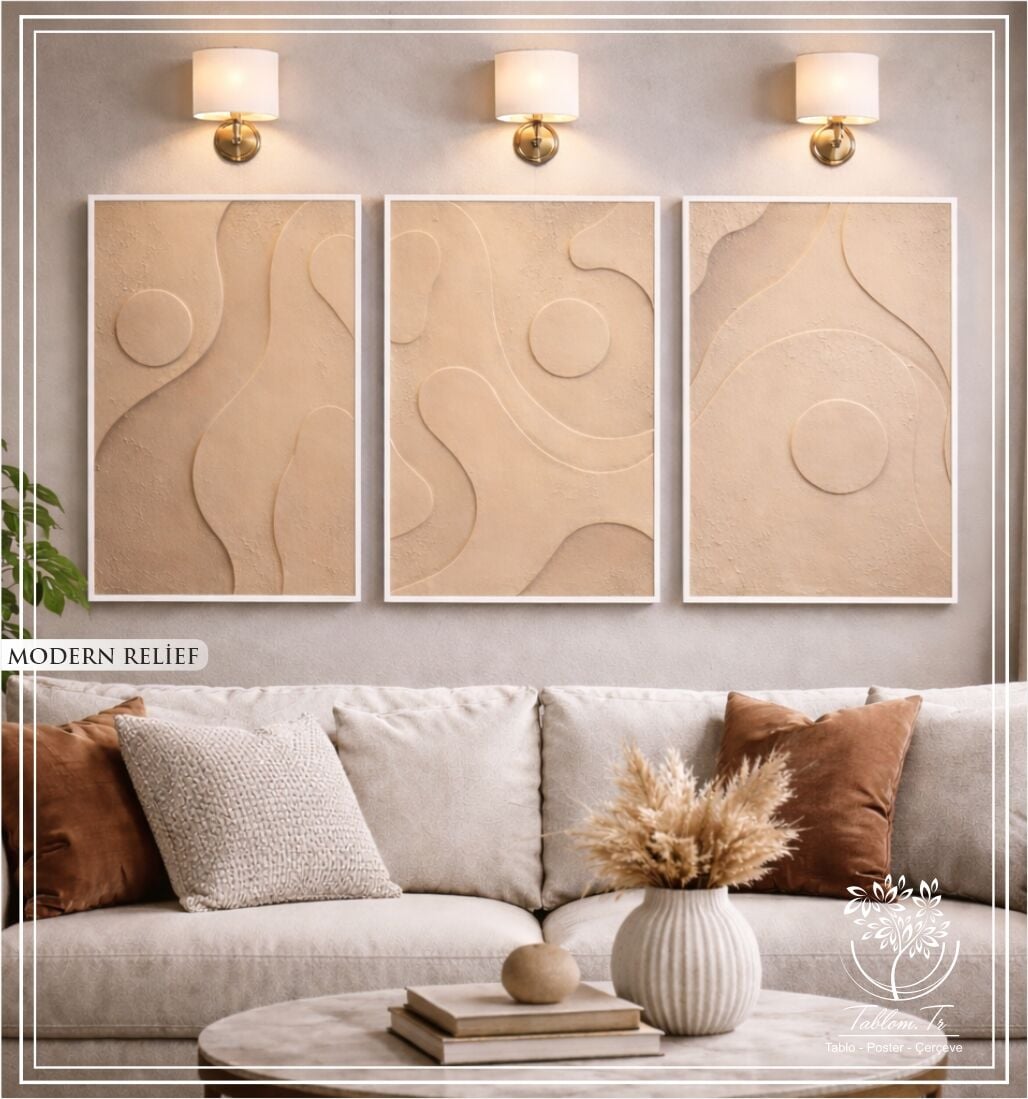 Metal Çerçeveli 3 Boyutlu Dokulu Üçlü Tablo - Modern Relief