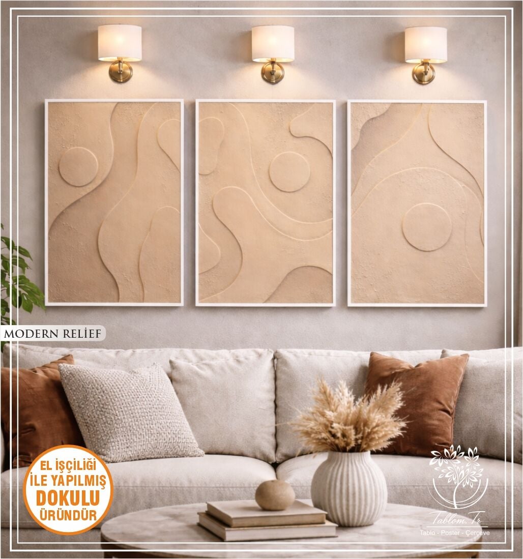 Metal Çerçeveli 3 Boyutlu Dokulu Üçlü Tablo - Modern Relief