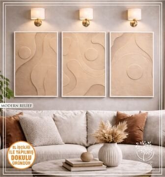 Metal Çerçeveli 3 Boyutlu Dokulu Üçlü Tablo - Modern Relief