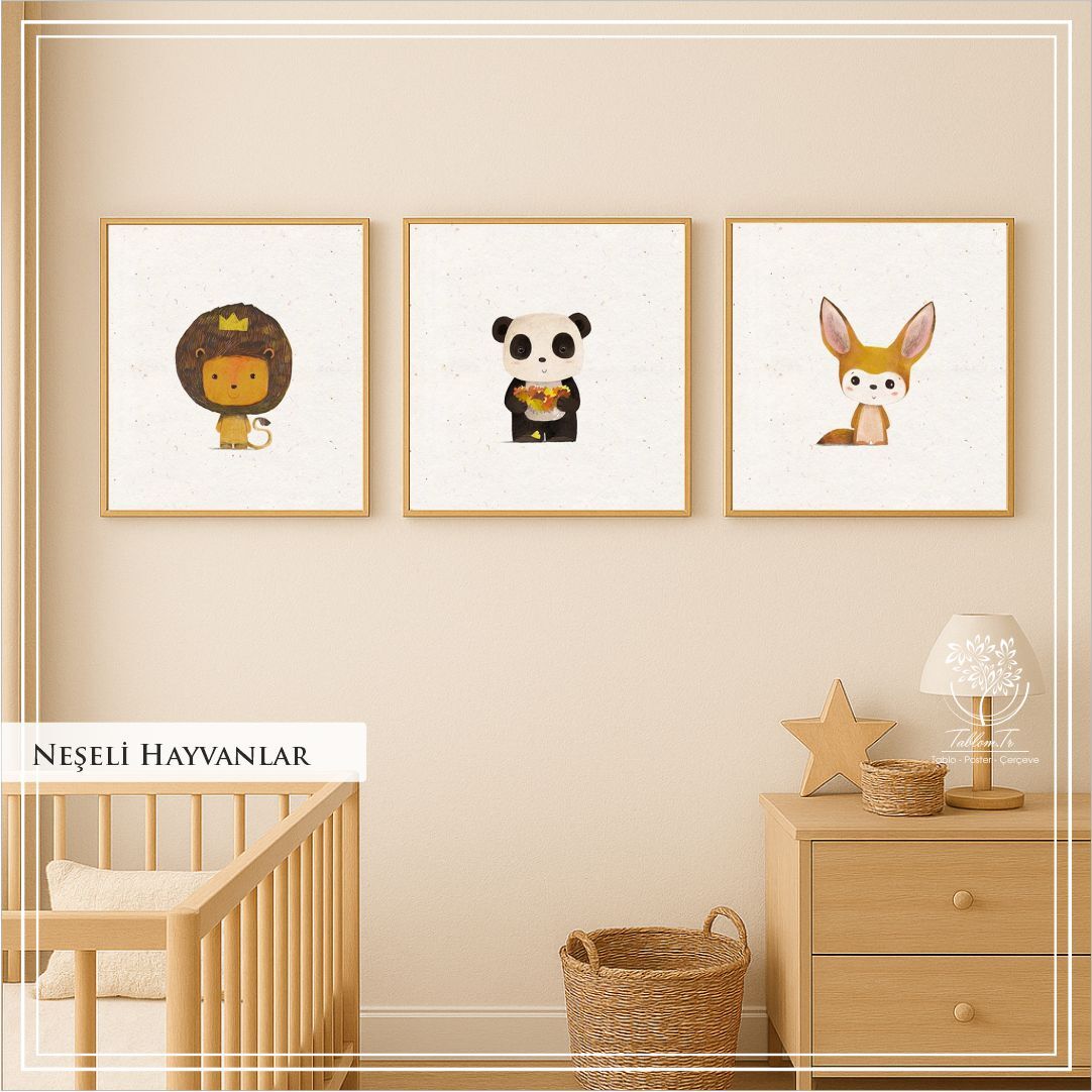 Metal Çerçeveli Gercek Camlı 3'lü Tablo - Neşeli Hayvanlar