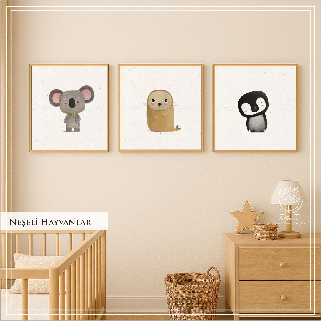 Metal Çerçeveli Gercek Camlı 3'lü Tablo - Neşeli Hayvanlar