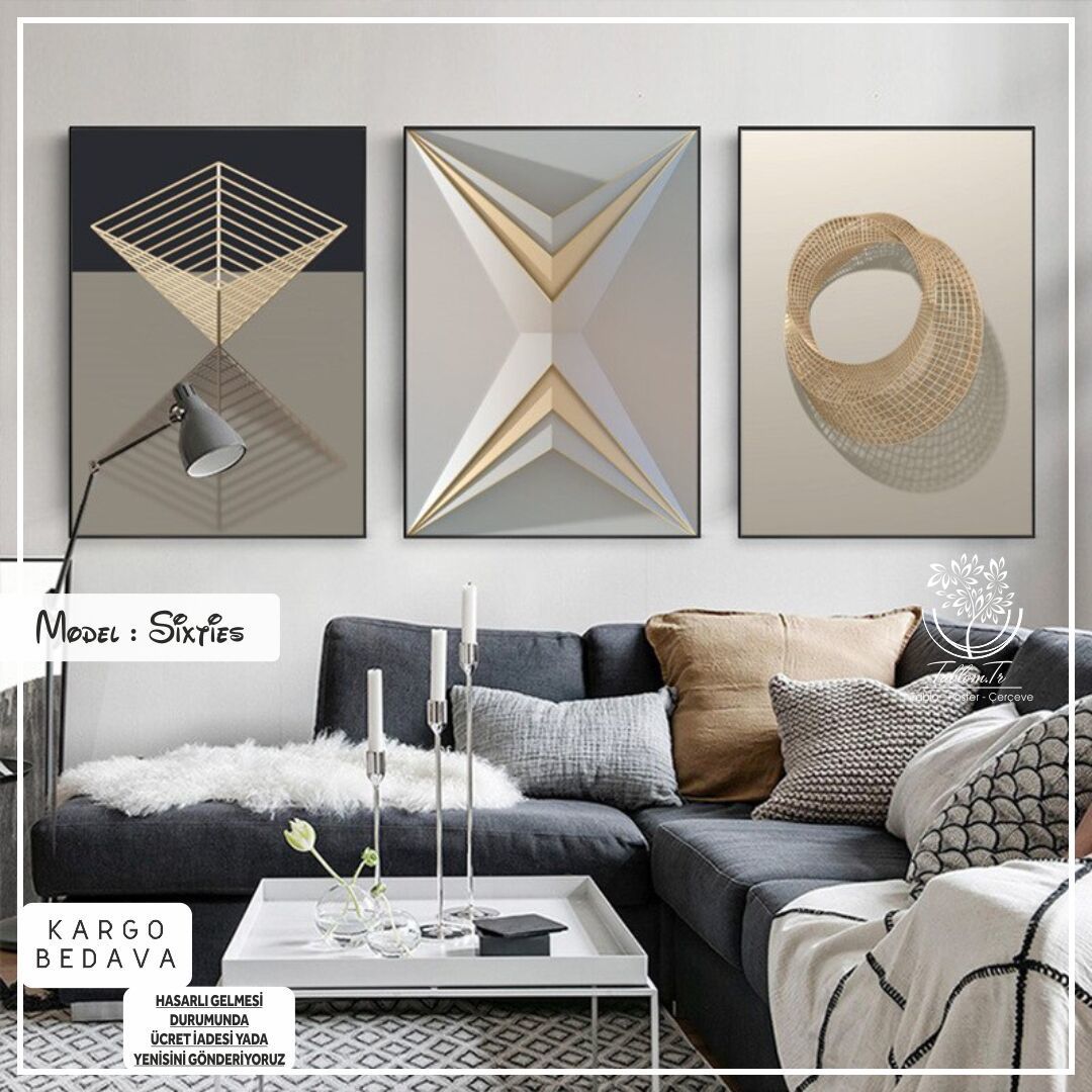 Sixties Üçlü Tablo Gold - 70x100 CM