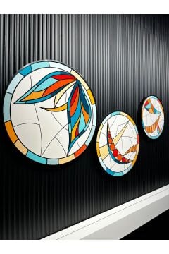 Dijital Baskılı Metal Çerçeveli Gercek Camlı Yuvarlak 3'lü Tablo - Ritim Çemberi