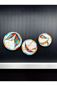 Dijital Baskılı Metal Çerçeveli Gercek Camlı Yuvarlak 3'lü Tablo - Ritim Çemberi