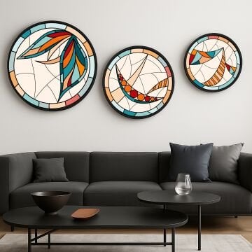 Dijital Baskılı Metal Çerçeveli Gercek Camlı Yuvarlak 3'lü Tablo - Ritim Çemberi