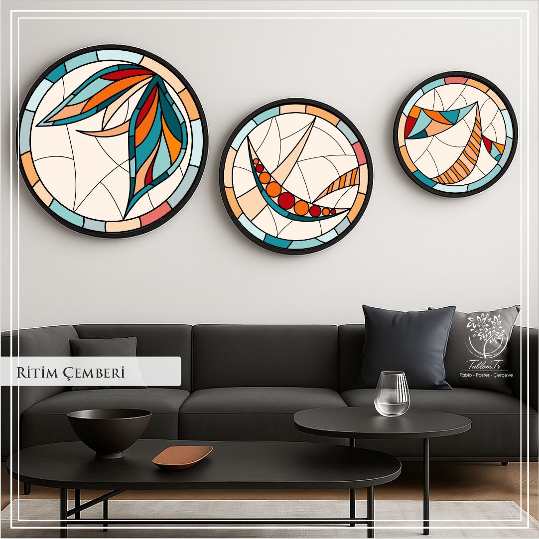 Dijital Baskılı Metal Çerçeveli Gercek Camlı Yuvarlak 3'lü Tablo - Ritim Çemberi