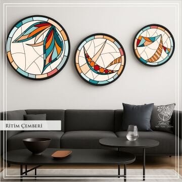 Dijital Baskılı Metal Çerçeveli Gercek Camlı Yuvarlak 3'lü Tablo - Ritim Çemberi