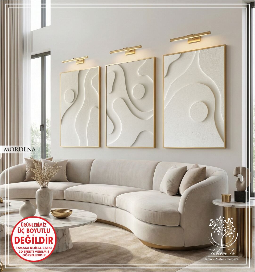 Dijital Baskılı Metal Çerçeveli Camlı Üçlü Dekoratif Tablo - Mordena