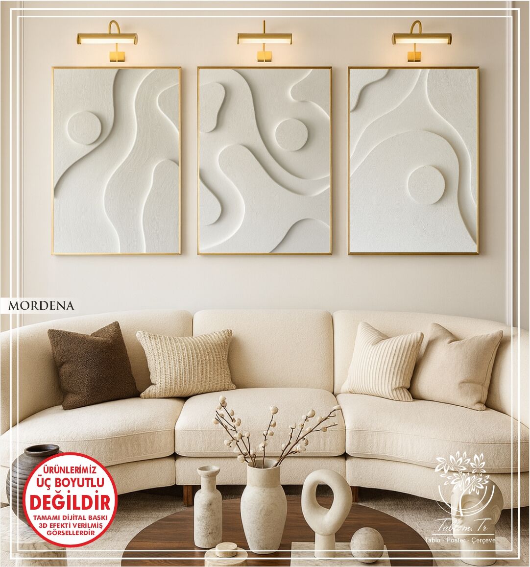 Dijital Baskılı Metal Çerçeveli Camlı Üçlü Dekoratif Tablo - Mordena
