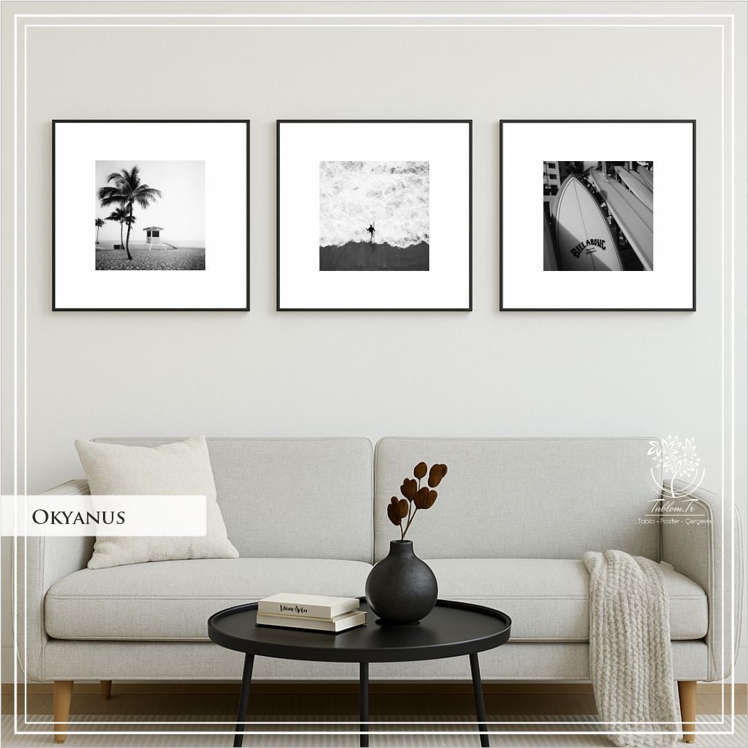 Metal Çerçeveli Gercek Camlı 3'lü Tablo - Okyanus