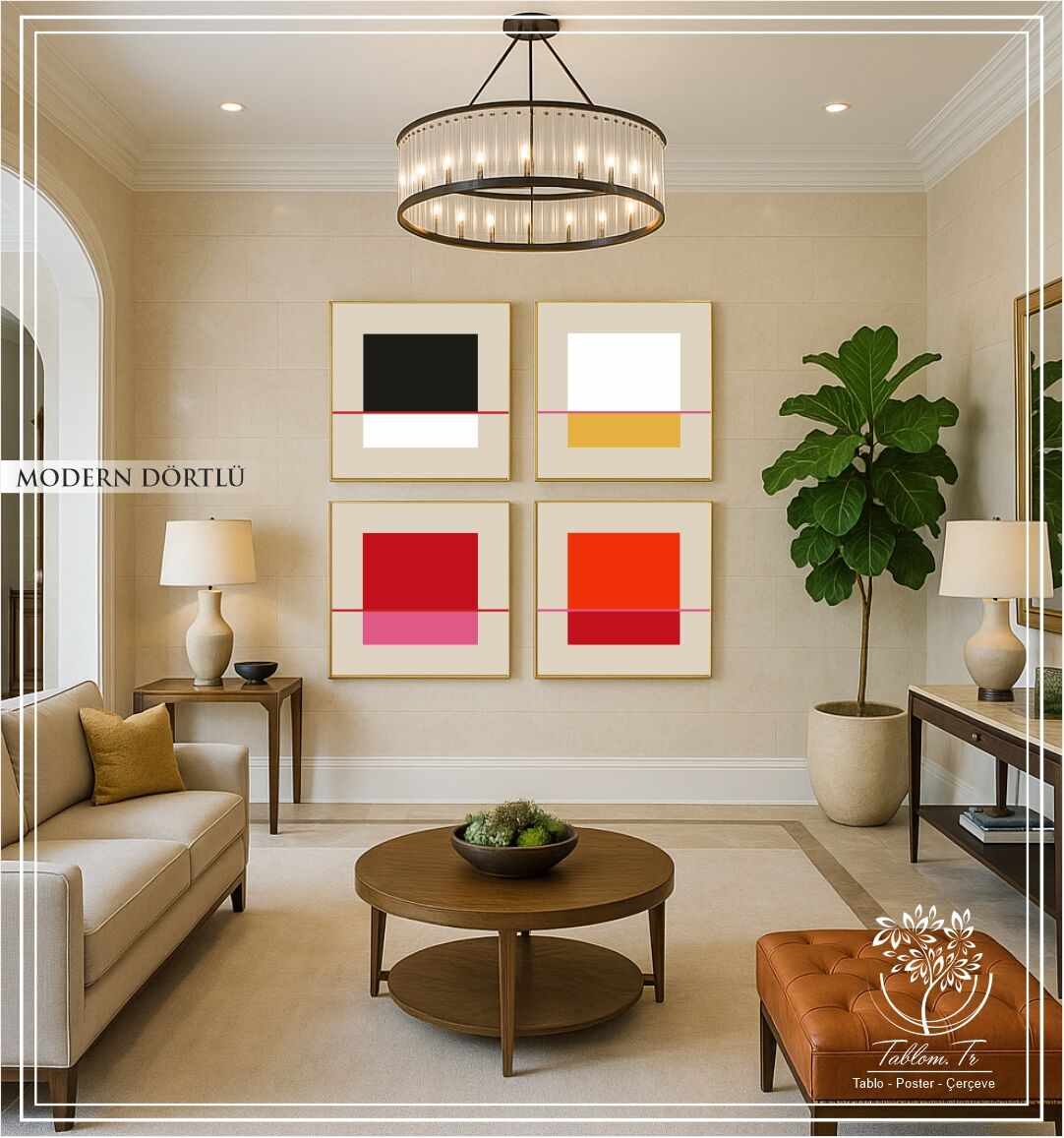 Metal Çerçeveli Camlı  4'lü Dekoratif Tablo Seti-Modern Dörtlü