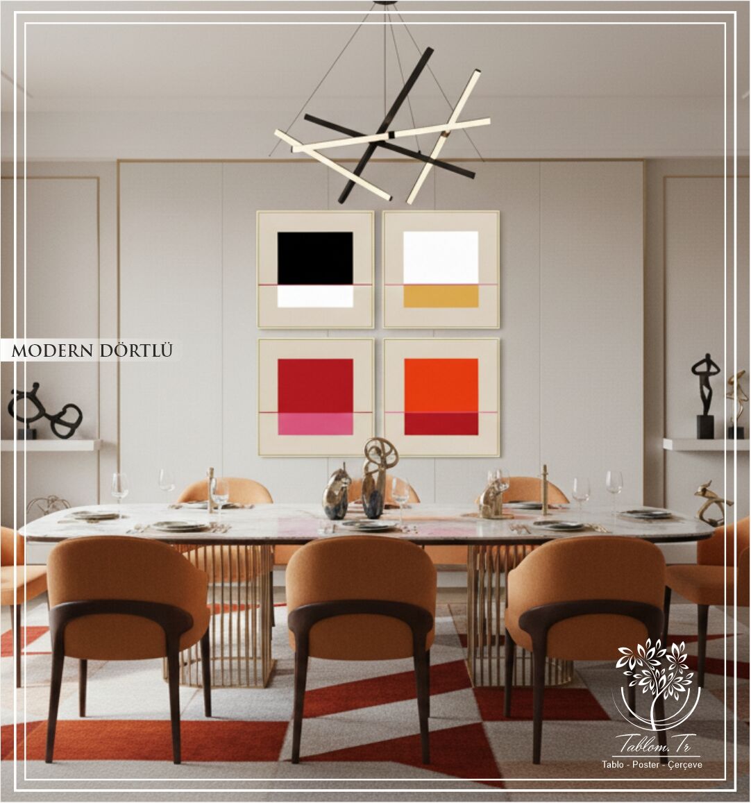 Metal Çerçeveli Camlı  4'lü Dekoratif Tablo Seti-Modern Dörtlü