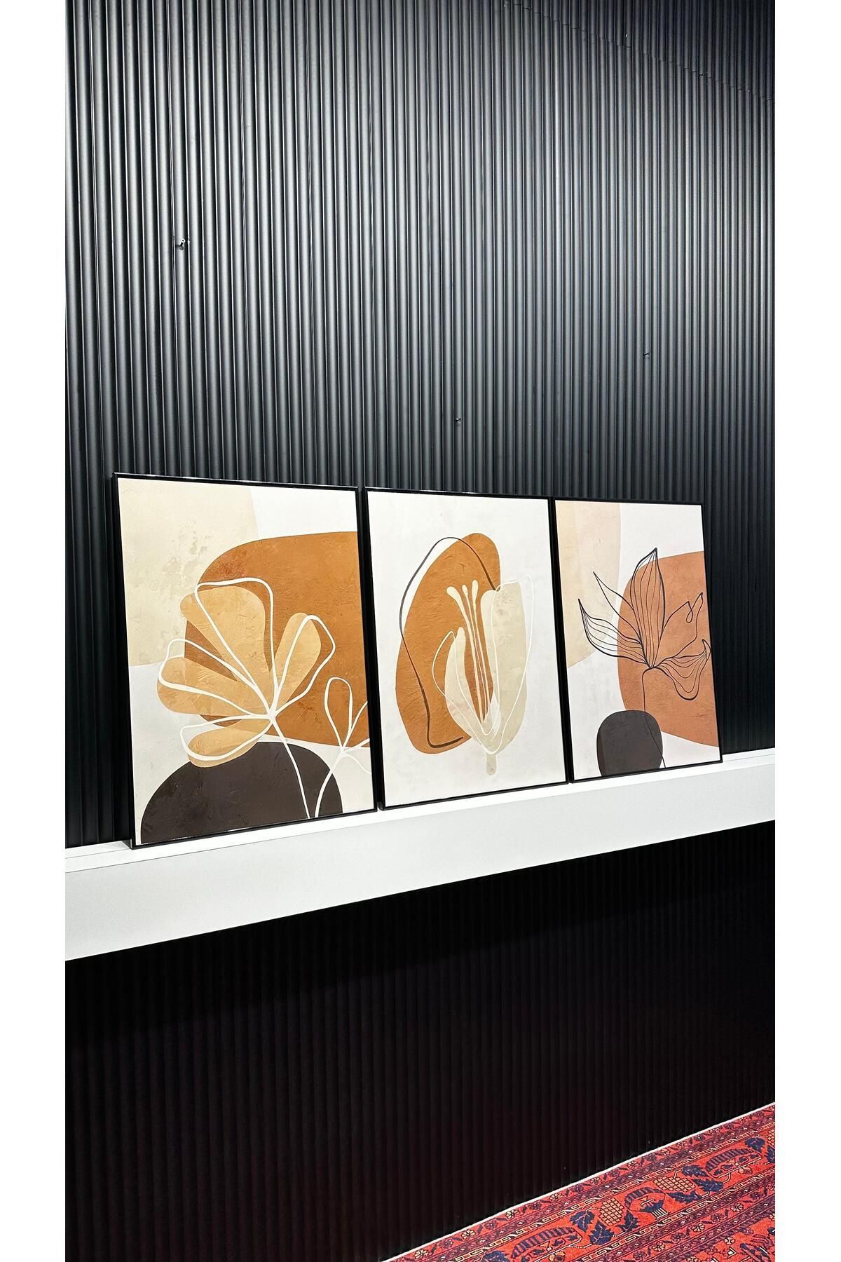 Dijital Baskılı Metal Çerçeveli Camlı 3'lü Dekoratif Tablo - Zarif İzler