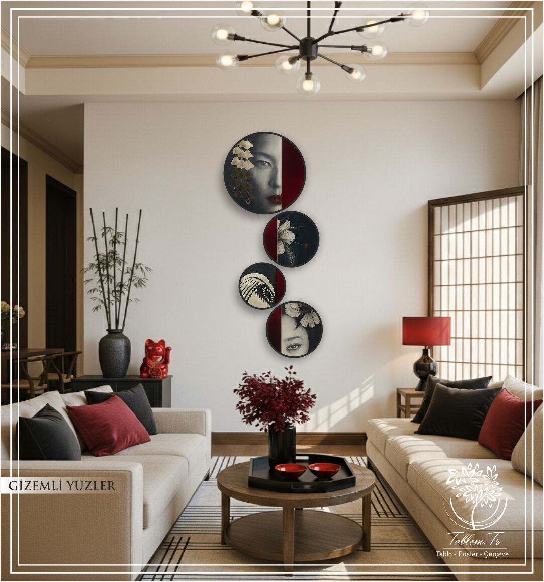 Dijital Baskılı Metal Çerçeveli Gercek Camlı Yuvarlak 4'lü Tablo - Gizemli Yüzler