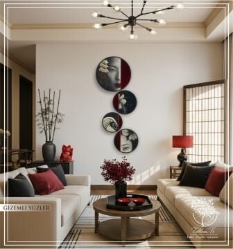 Dijital Baskılı Metal Çerçeveli Gercek Camlı Yuvarlak 4'lü Tablo - Gizemli Yüzler