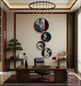 Dijital Baskılı Metal Çerçeveli Gercek Camlı Yuvarlak 4'lü Tablo - Gizemli Yüzler