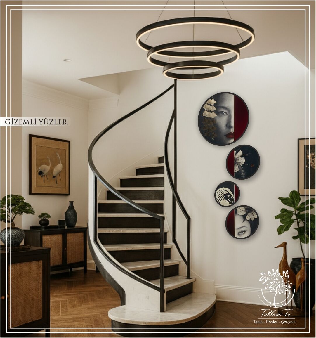 Dijital Baskılı Metal Çerçeveli Gercek Camlı Yuvarlak 4'lü Tablo - Gizemli Yüzler