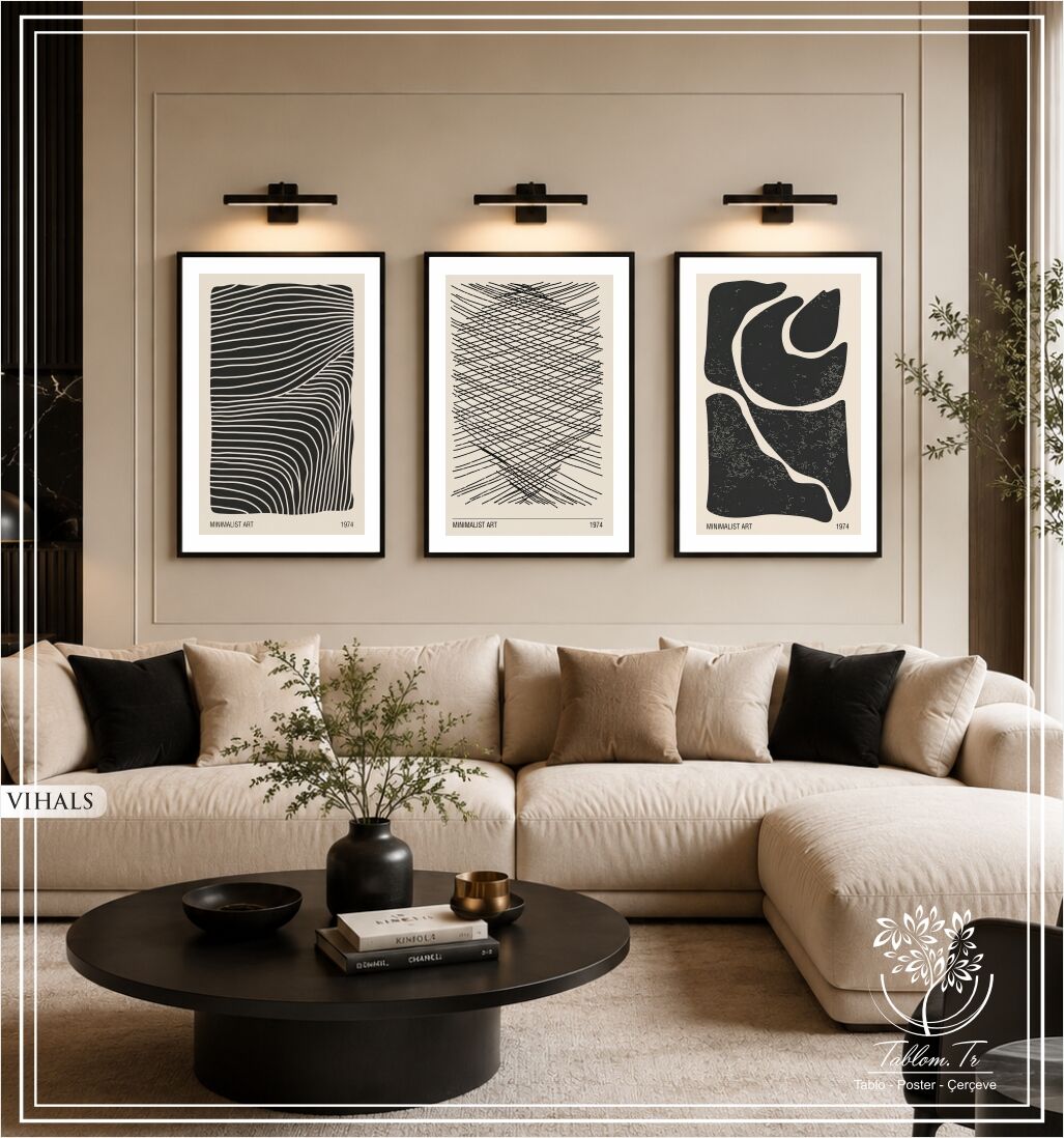 Metal Çerçeveli Camlı Vihals 3'lü Minimalist Tablo Seti