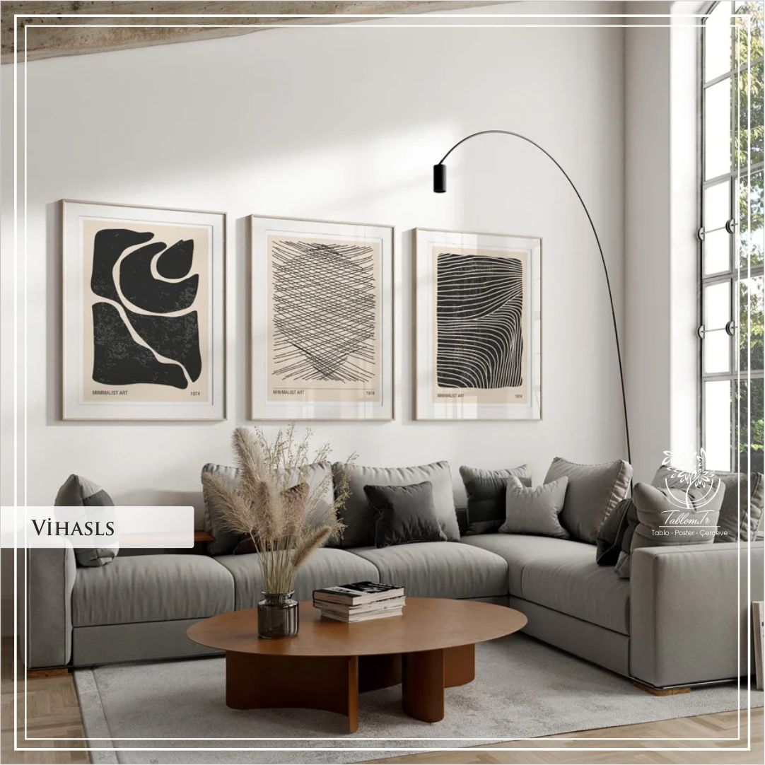 Metal Çerçeveli Camlı Vihals 3'lü Minimalist Tablo Seti